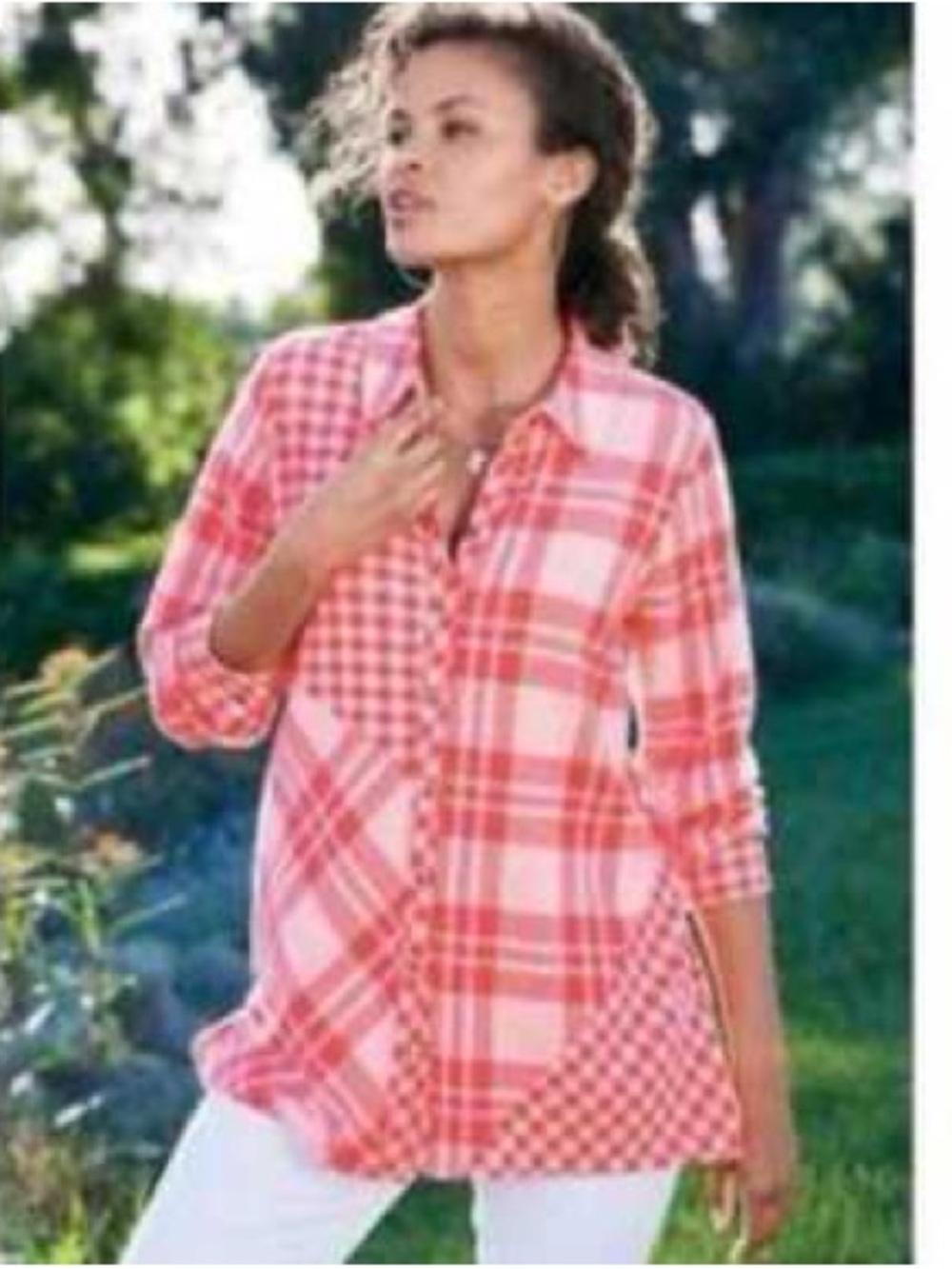 Soft Surroundings Paramour Plaid Tunic Shirt Coral Ivory